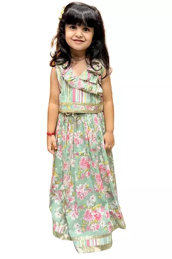 cotton sleeveless all over prined top with lehenga - olive green & pink