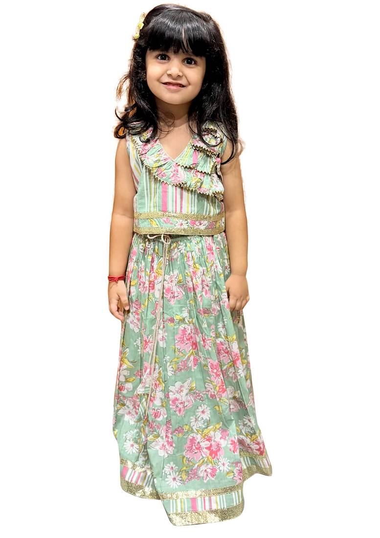 cotton sleeveless all over prined top with lehenga - olive green & pink
