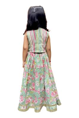 cotton sleeveless all over prined top with lehenga - olive green & pink 2