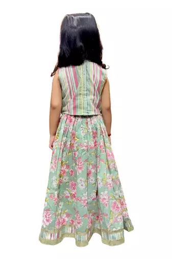 cotton sleeveless all over prined top with lehenga - olive green & pink