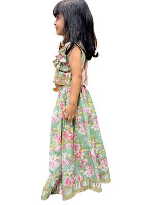 cotton sleeveless all over prined top with lehenga - olive green & pink 3