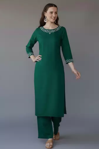 Green embroidered rayon kurta set