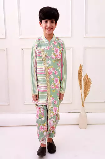 cotton fullsleeves all over printed kurta with dhoti - olive green & pink