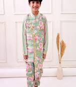 cotton fullsleeves all over printed kurta with dhoti - olive green & pink