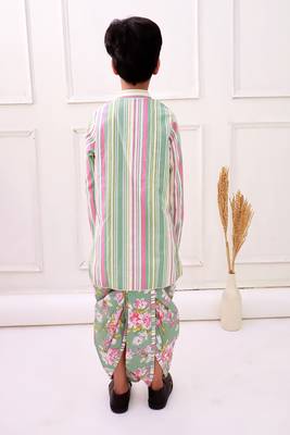 cotton fullsleeves all over printed kurta with dhoti - olive green & pink 2