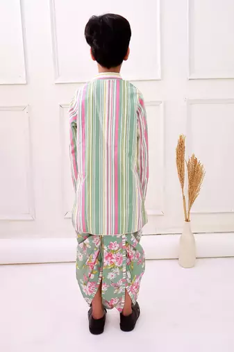 cotton fullsleeves all over printed kurta with dhoti - olive green & pink