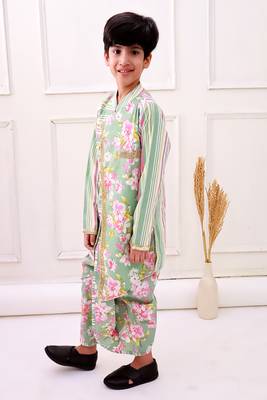 cotton fullsleeves all over printed kurta with dhoti - olive green & pink 3