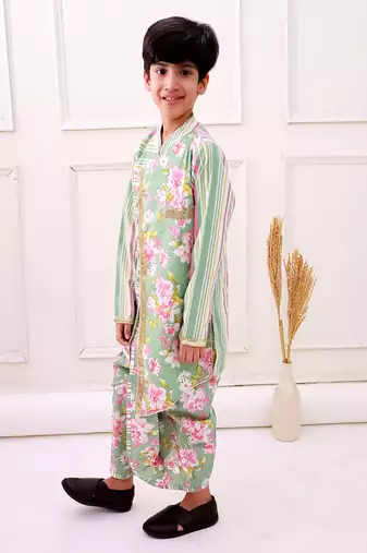 cotton fullsleeves all over printed kurta with dhoti - olive green & pink