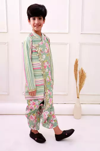 cotton fullsleeves all over printed kurta with dhoti - olive green & pink