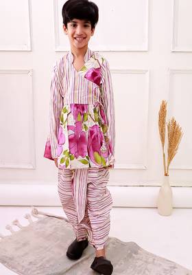 cotton fullsleeves all over printed kurta with dhoti - white & purple 1