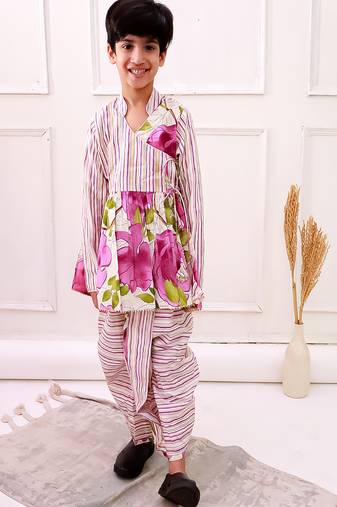 cotton fullsleeves all over printed kurta with dhoti - white & purple
