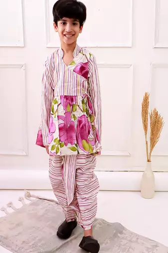 cotton fullsleeves all over printed kurta with dhoti - white & purple