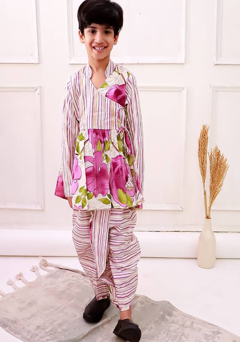 cotton fullsleeves all over printed kurta with dhoti - white & purple