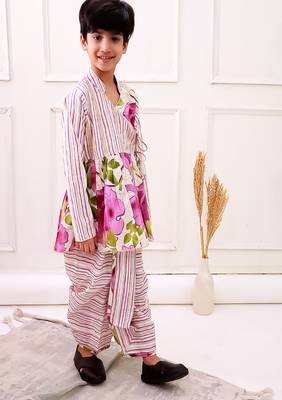 cotton fullsleeves all over printed kurta with dhoti - white & purple 3