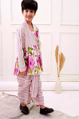 cotton fullsleeves all over printed kurta with dhoti - white & purple