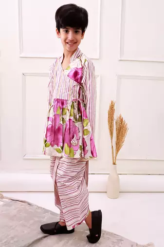cotton fullsleeves all over printed kurta with dhoti - white & purple
