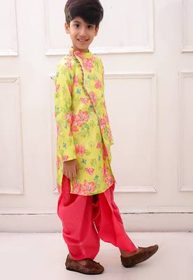 cotton fullsleeves elephant printed kurta with dhoti - yellow & white 3
