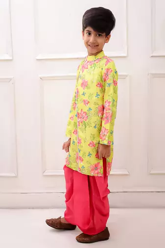 cotton fullsleeves elephant printed kurta with dhoti - yellow & white