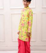 cotton fullsleeves elephant printed kurta with dhoti - yellow & white