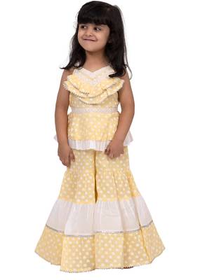 cotton sleeveless elephant printed top with sharara - yellow & white 1