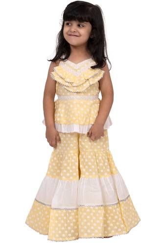 cotton sleeveless elephant printed top with sharara - yellow & white