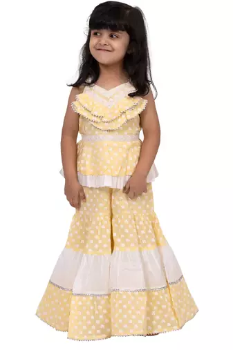 cotton sleeveless elephant printed top with sharara - yellow & white