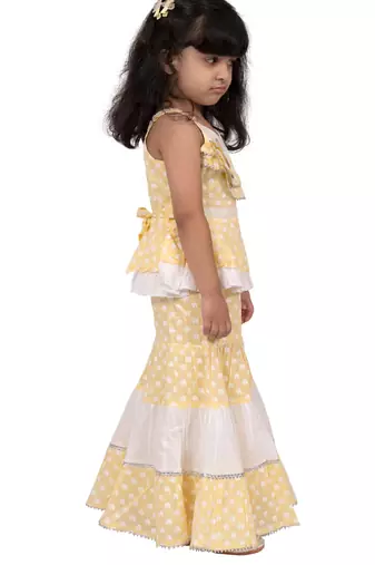 cotton sleeveless elephant printed top with sharara - yellow & white