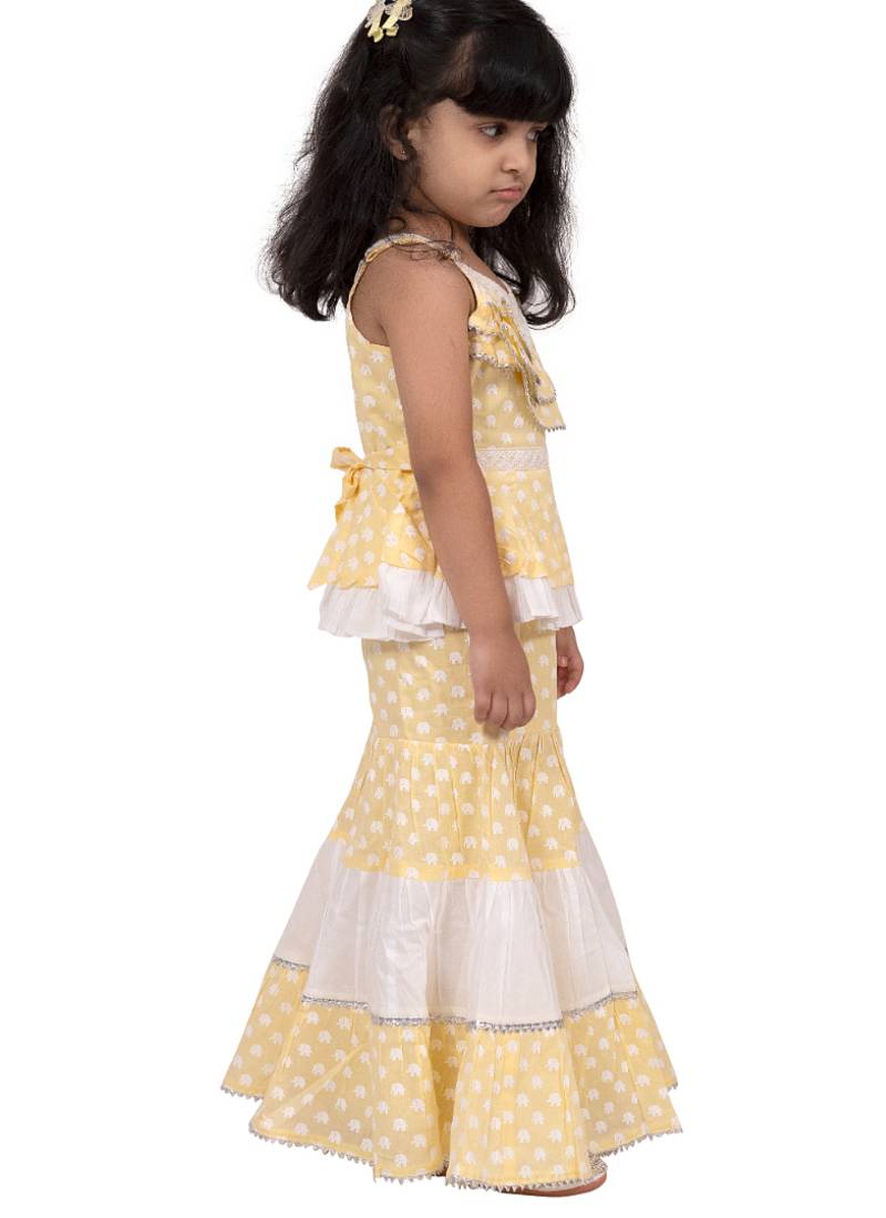 cotton sleeveless elephant printed top with sharara - yellow & white