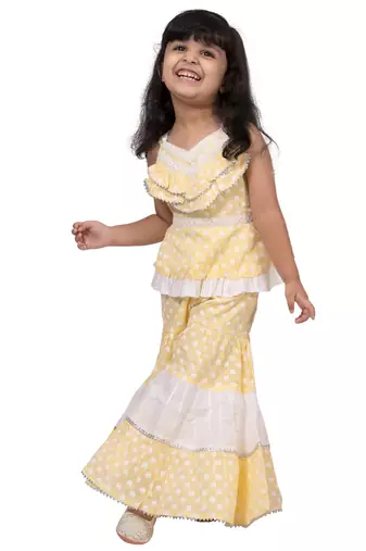 cotton sleeveless elephant printed top with sharara - yellow & white