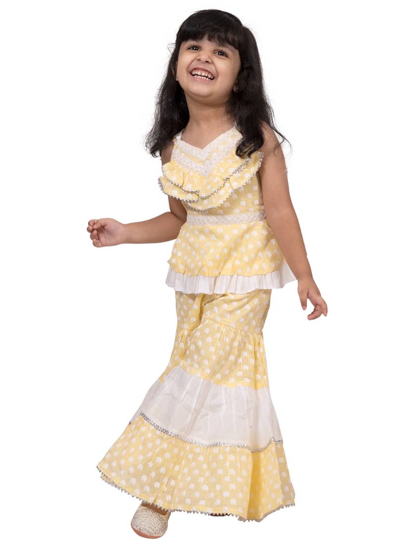 cotton sleeveless elephant printed top with sharara - yellow & white