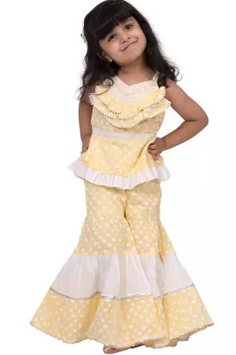 cotton sleeveless elephant printed top with sharara - yellow & white
