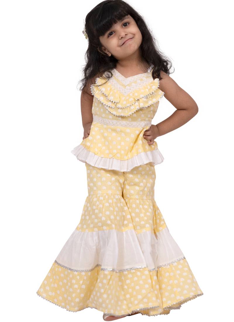 cotton sleeveless elephant printed top with sharara - yellow & white