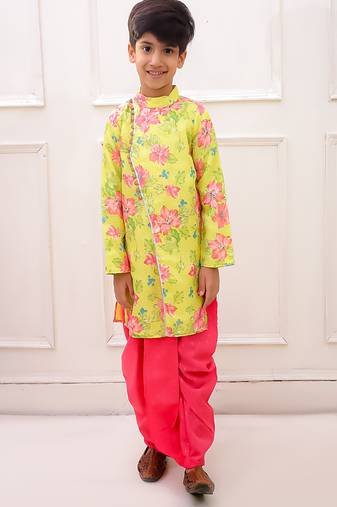 fullsleeves floral printed kurta with  dhoti - lemon & pink