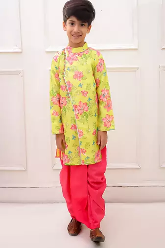 fullsleeves floral printed kurta with  dhoti - lemon & pink