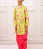 fullsleeves floral printed kurta with  dhoti - lemon & pink