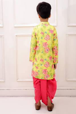 fullsleeves floral printed kurta with  dhoti - lemon & pink 2