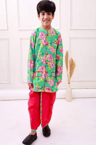 fullsleeves floral printed kurta with dhoti - seagreen & pink