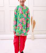 fullsleeves floral printed kurta with dhoti - seagreen & pink