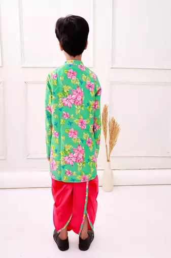 fullsleeves floral printed kurta with dhoti - seagreen & pink