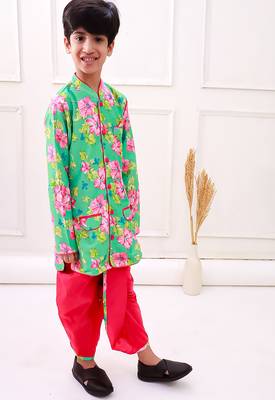 fullsleeves floral printed kurta with dhoti - seagreen & pink 3