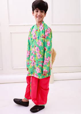 fullsleeves floral printed kurta with dhoti - seagreen & pink 4