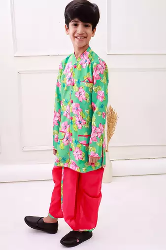 fullsleeves floral printed kurta with dhoti - seagreen & pink