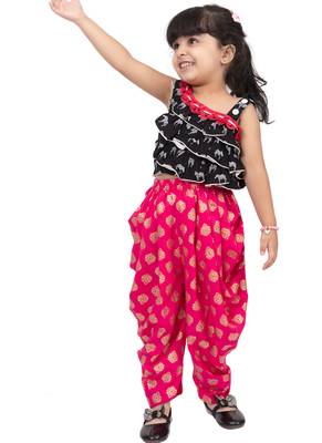 rayon sleeveless zebra printed top with dhoti - black & coral 1