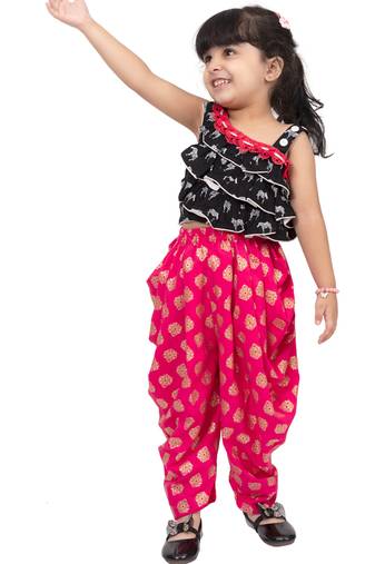 rayon sleeveless zebra printed top with dhoti - black & coral