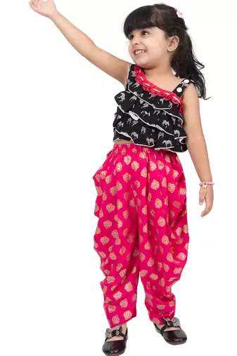 rayon sleeveless zebra printed top with dhoti - black & coral