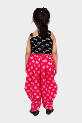 rayon sleeveless zebra printed top with dhoti - black & coral 2