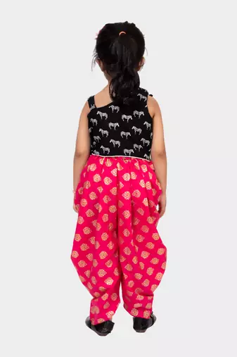 rayon sleeveless zebra printed top with dhoti - black & coral