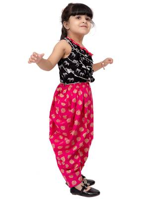 rayon sleeveless zebra printed top with dhoti - black & coral 3