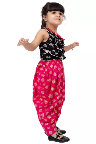 rayon sleeveless zebra printed top with dhoti - black & coral