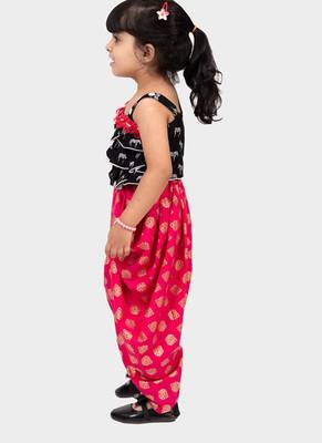 rayon sleeveless zebra printed top with dhoti - black & coral 4